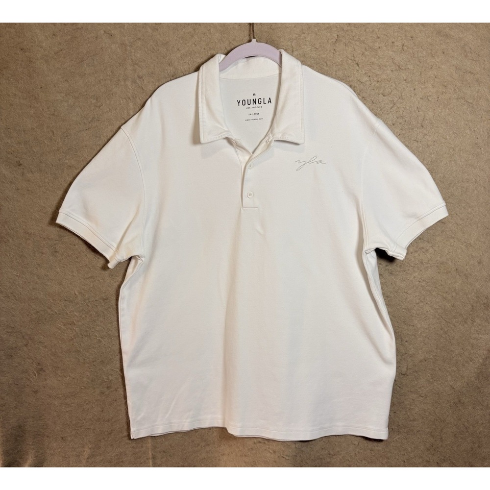 YoungLA Polo Shirt Mens XXL White Script‎ Logo Pullover Stretch Gym Beach